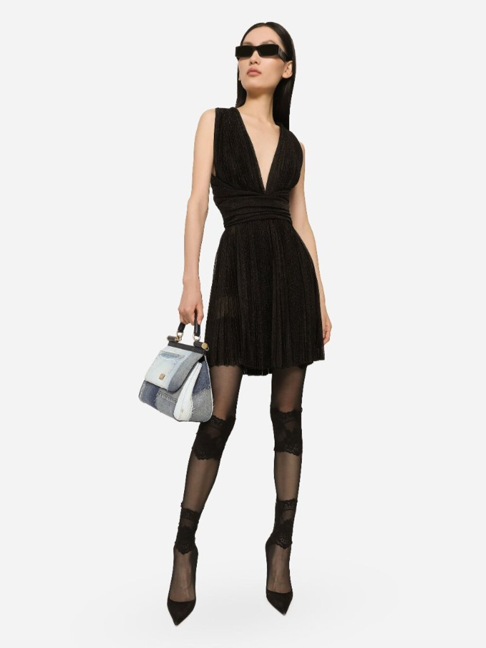 Dolce & Gabbana Pleated Lurex Mini Dress Black Sicily Halter IT 42 US 6 NEW NWT